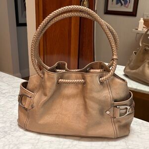 Women's Metallic Gold Shoulder Bag with Braided Handles